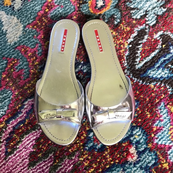 Prada Metallic Slides w/Bow - Picture 2 of 7